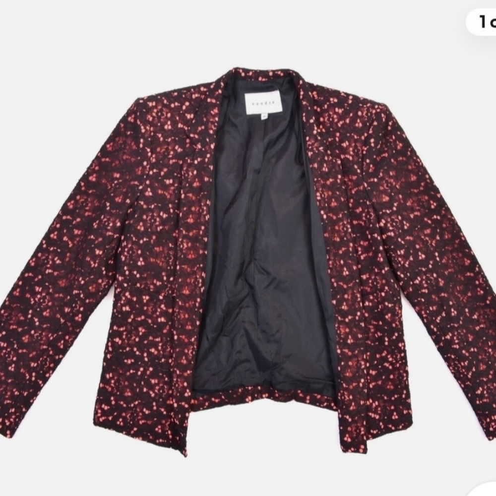 Sandro Lace Overlay Black and Coral Blazer size 40 european 8 canadian ptp 21.5"